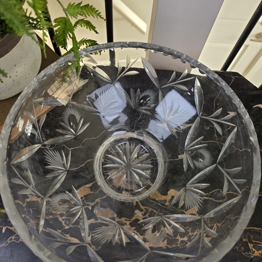 Vintage Cut Crystal Glass Bowl Starburst Pinwheel & Fan Pattern Console Bowl